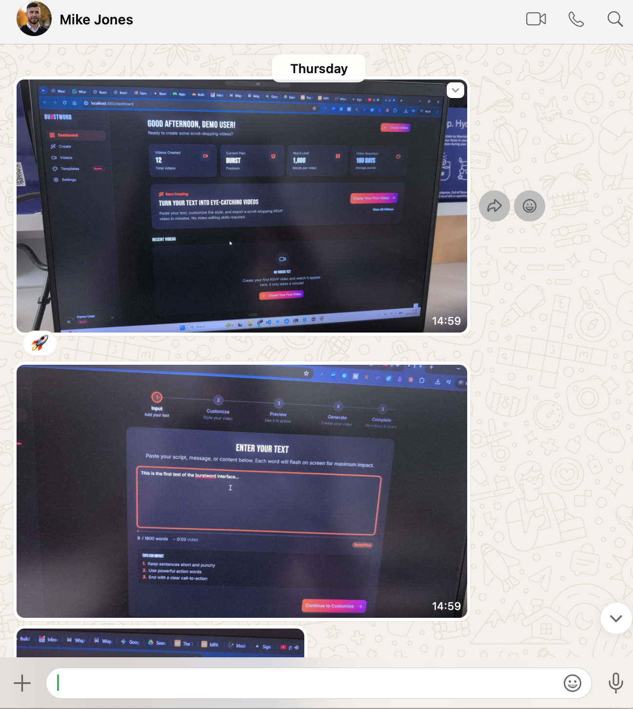 WhatsApp screenshot showing early BurstWord interface